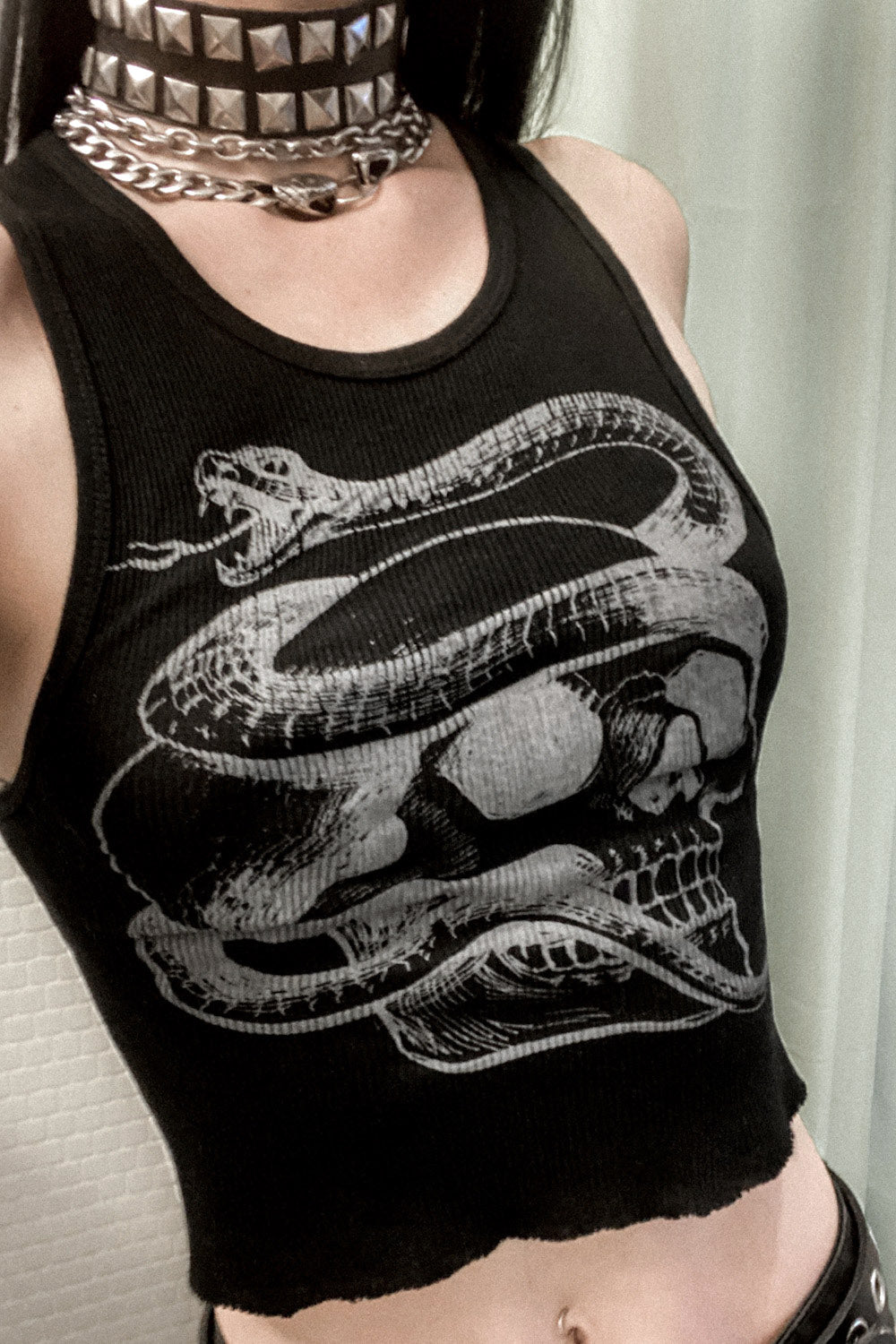 Silver Serpent Skull on Black Tank | Made To Order