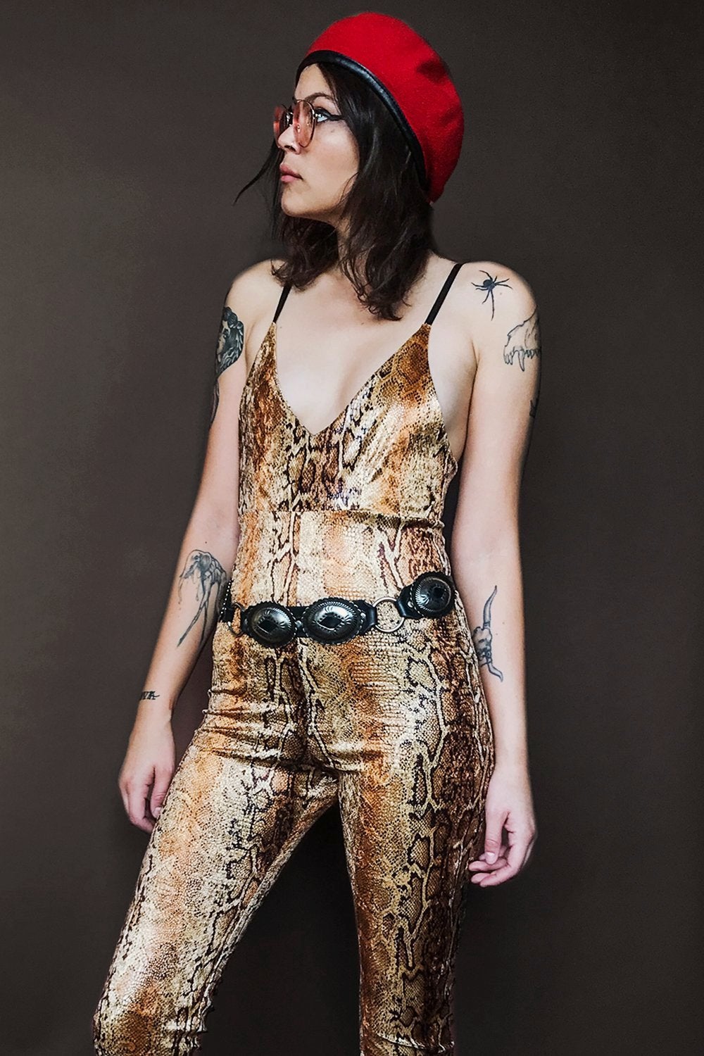 Gold Snakeskin Velvet Jumpsuit | In Stock