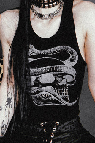 Red and Black Serpent Skull on White Tank