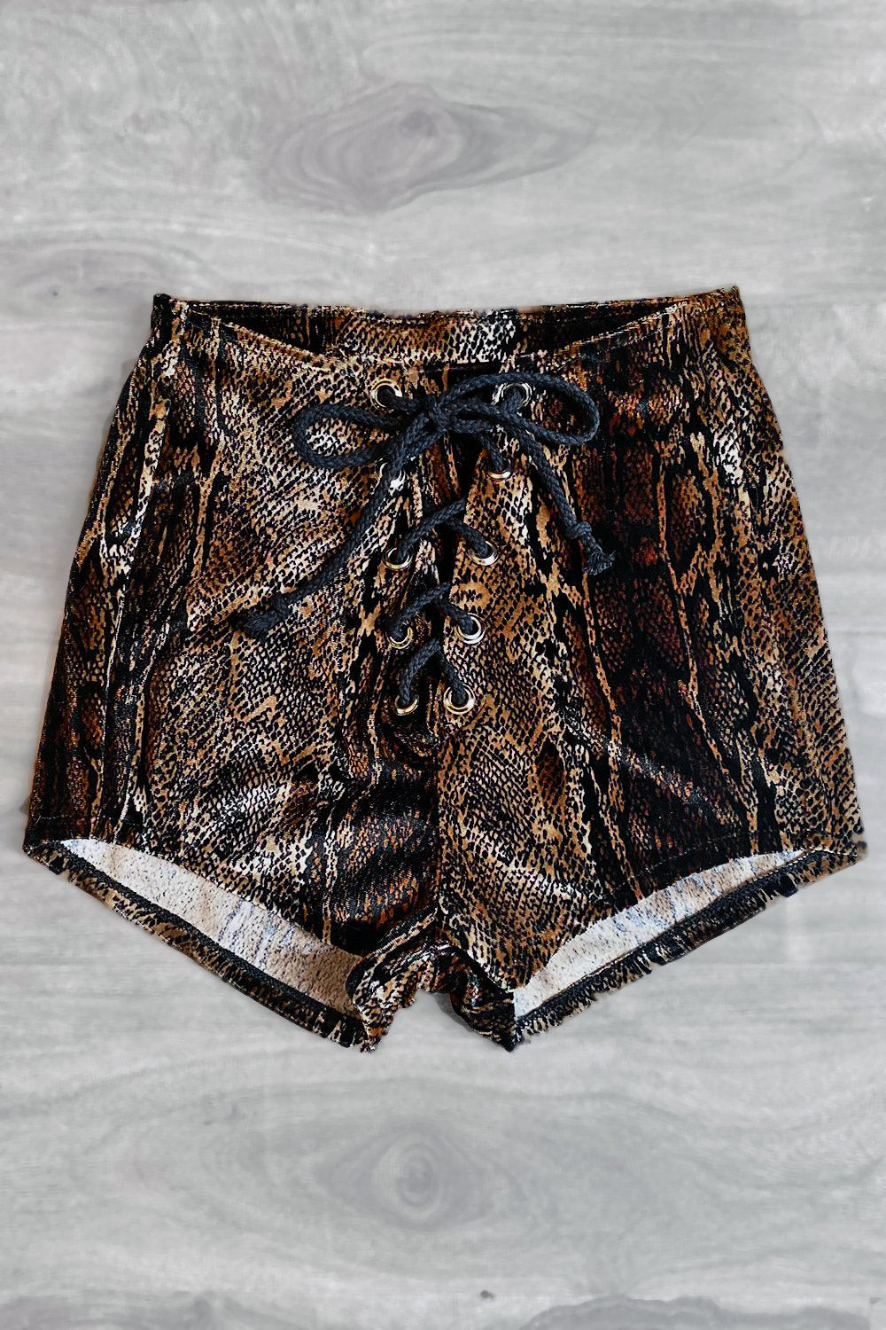 Brown Cobra Velvet Grommet Shorts | Size Medium In Stock